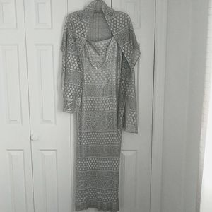 Bari Jay Silver Metallic Sequin Long Dress